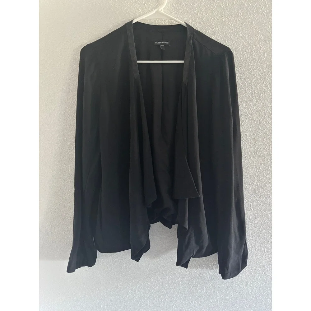 Eileen Fisher Georgette Crepe Jacket Womens Large Black Silk Leather Sustainable